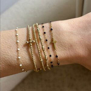 Dainty gold & black beaded look adjustable bracelet delicate jeweled chain cross